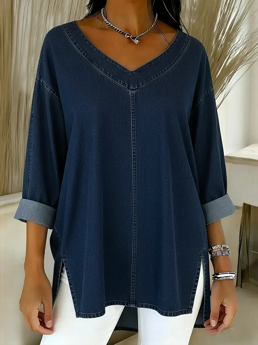 Women's Relaxed V-Neck Denim Shirt in Blue with Dipped Hem and Side Slits for Casual Elegance | Koossa