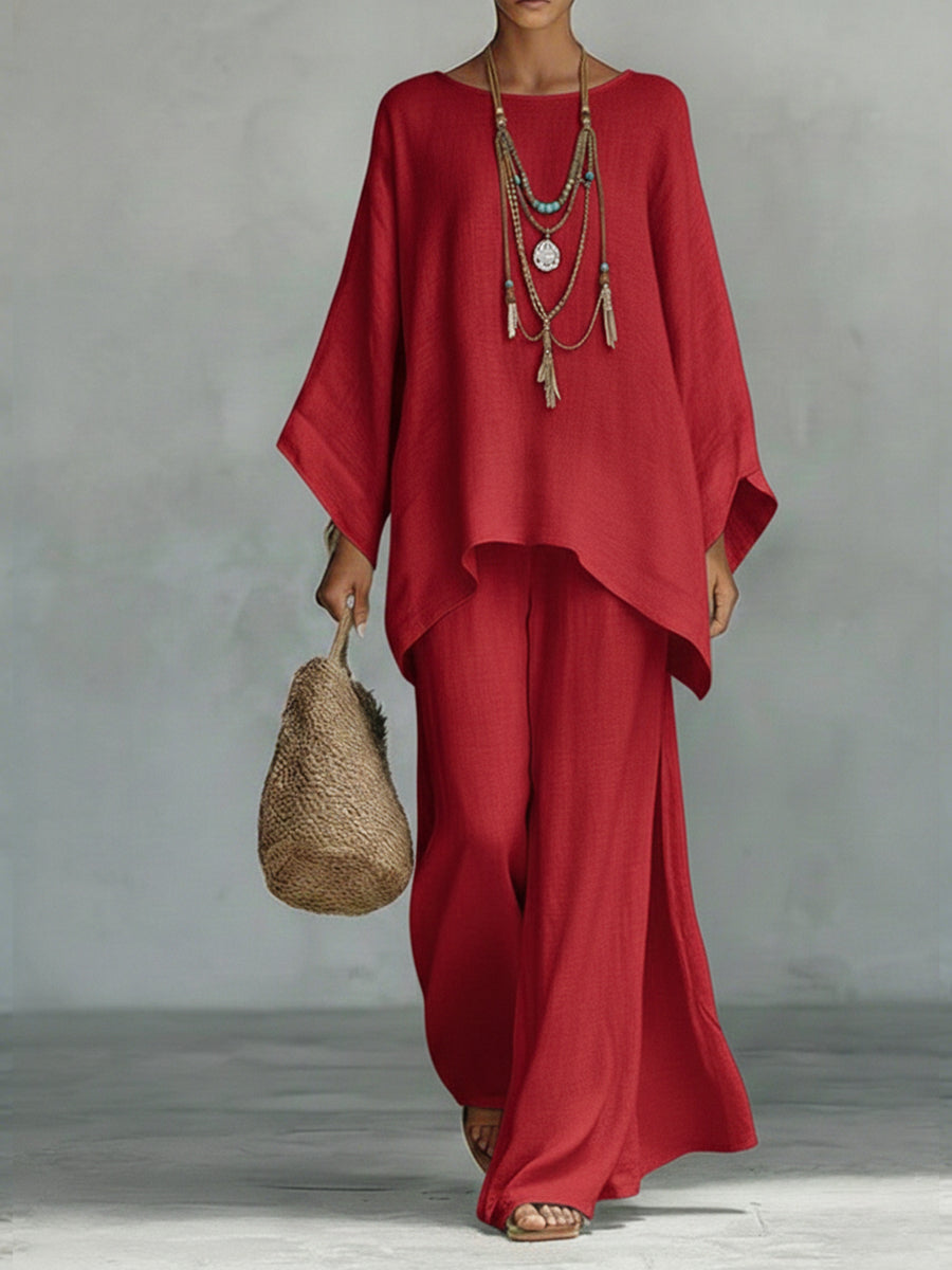 Women's Linen Co-ord Set with Wide Sleeves and Flowing Trousers for Elegant Casual Dressing | Koossa