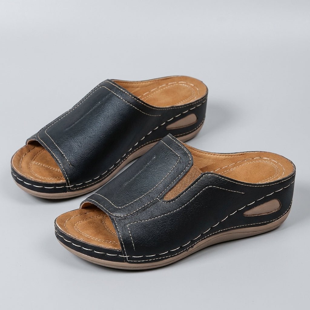 Women's Leather Wedge Sandals with Open Toe and Supportive Footbed for All-Day Comfort | Elegant Slip-On Summer Sandals | Koossa