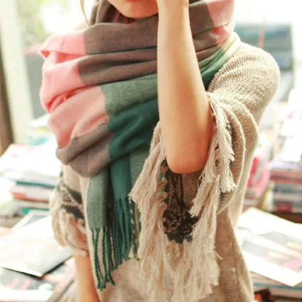 Women's Check Print Scarf — Soft Wool Scarf for Autumn and Winter Layering — Classic Accessory | Koossa