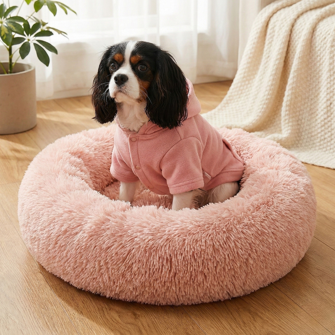 Dog Calming Bed Plush Donut Round Washable Cover Large Medium Anti-Anxiety Nesting Dog Bed Fluffy Shaggy Grey Curl-Up | Koossa