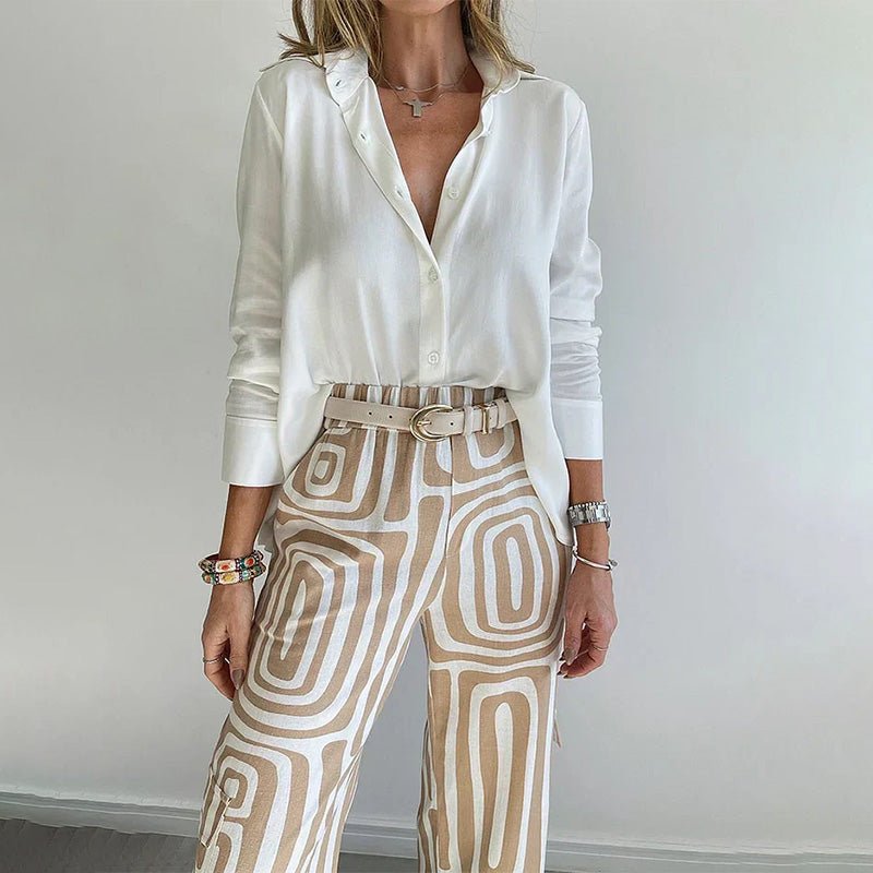 Women's Two-Piece Tailored Set White Button-Up Shirt Geometric Print Trousers Office to Evening Sophisticated Coordinated Separates Plus Size | Koossa