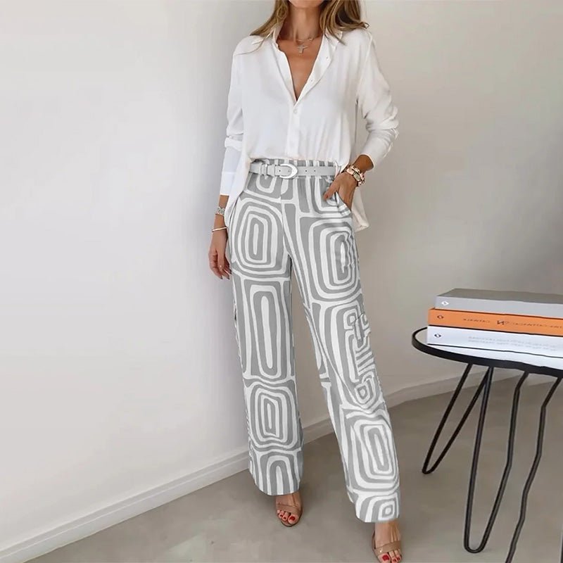 Women's Two-Piece Tailored Set White Button-Up Shirt Geometric Print Trousers Office to Evening Sophisticated Coordinated Separates Plus Size | Koossa