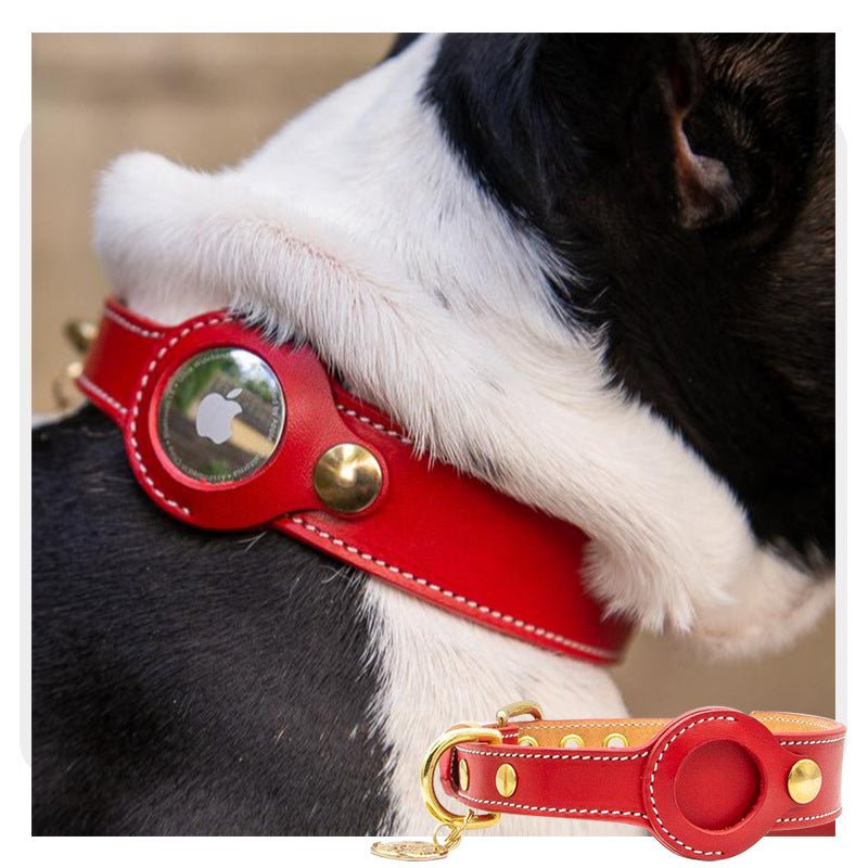 Dog Collar with AirTag Holder Leather Waterproof Adjustable Tracker Pocket Apple Find My Compatible D-Ring Small Medium Large GPS Locator | Koossa