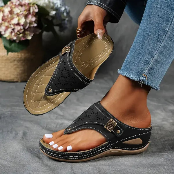 Cutout Wedge Sandals with Studded Detail in Black, Blue & Brown — Comfortable Slip-On Summer Footwear for Women | Koossa
