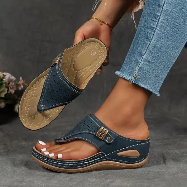 Cutout Wedge Sandals with Studded Detail in Black, Blue & Brown — Comfortable Slip-On Summer Footwear for Women | Koossa