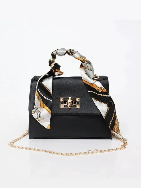 Structured Crossbody Bag with Scarf-Wrapped Handle in Premium Faux Leather — Twist-Lock Closure and Gold-Tone Hardware for Timeless Sophistication | Koossa