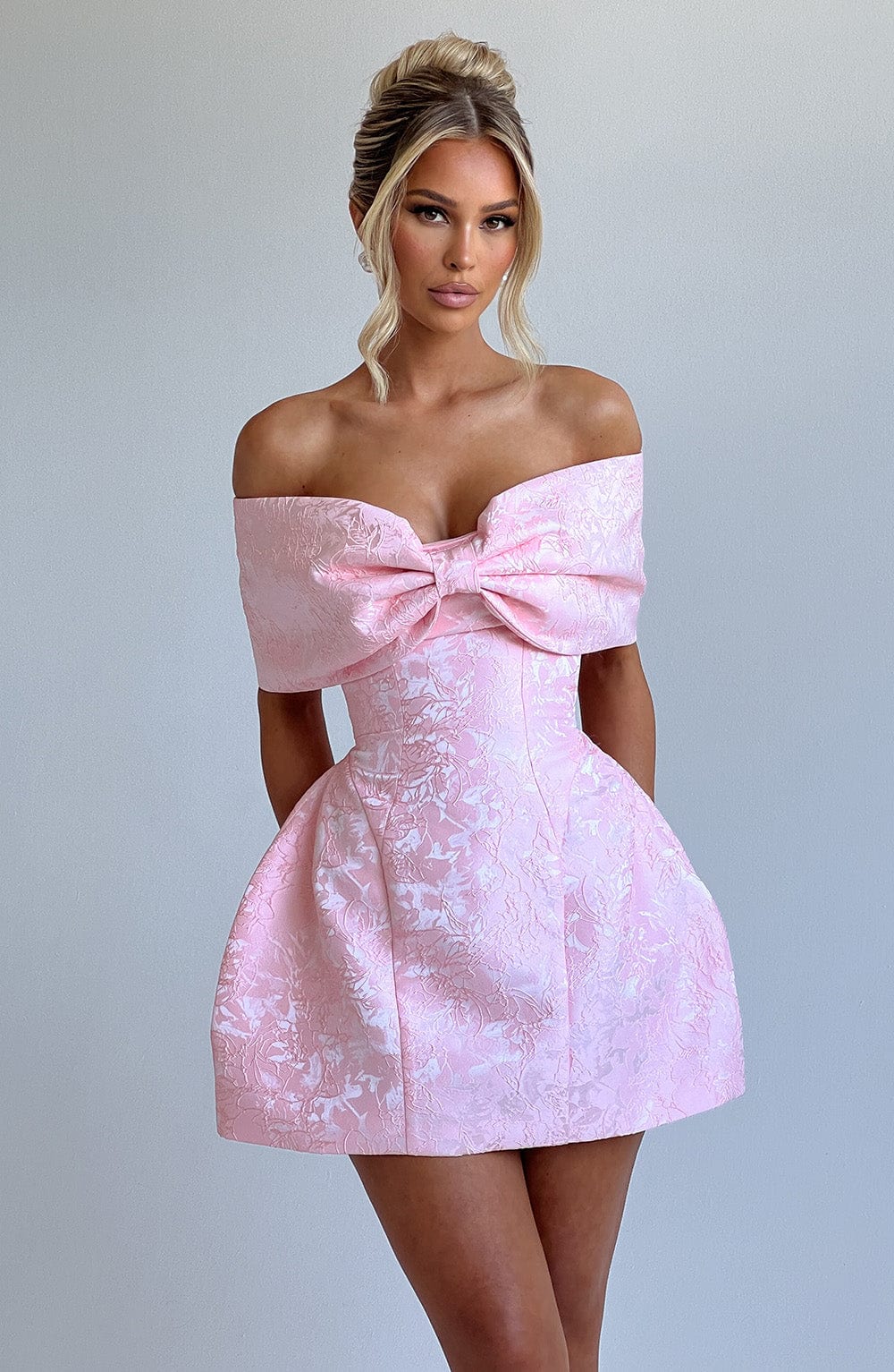 Off-Shoulder Bow Mini Dress with Structured Tulip Skirt in Light Pink | Elegant Cocktail & Wedding Guest Dress | Koossa