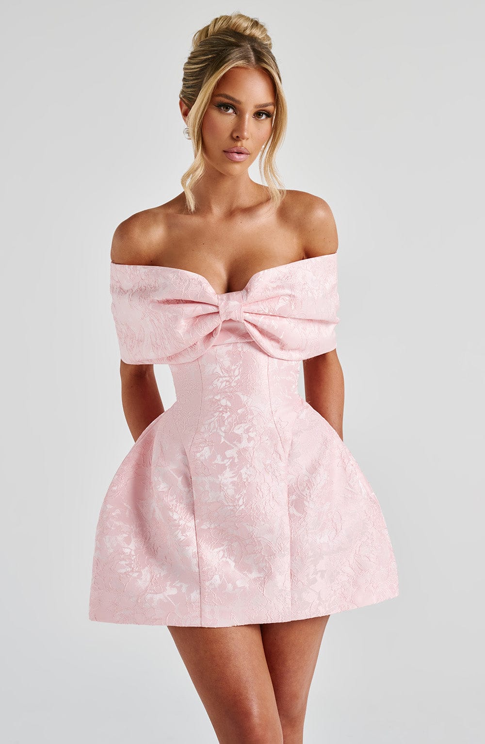Off-Shoulder Bow Mini Dress with Structured Tulip Skirt in Light Pink | Elegant Cocktail & Wedding Guest Dress | Koossa