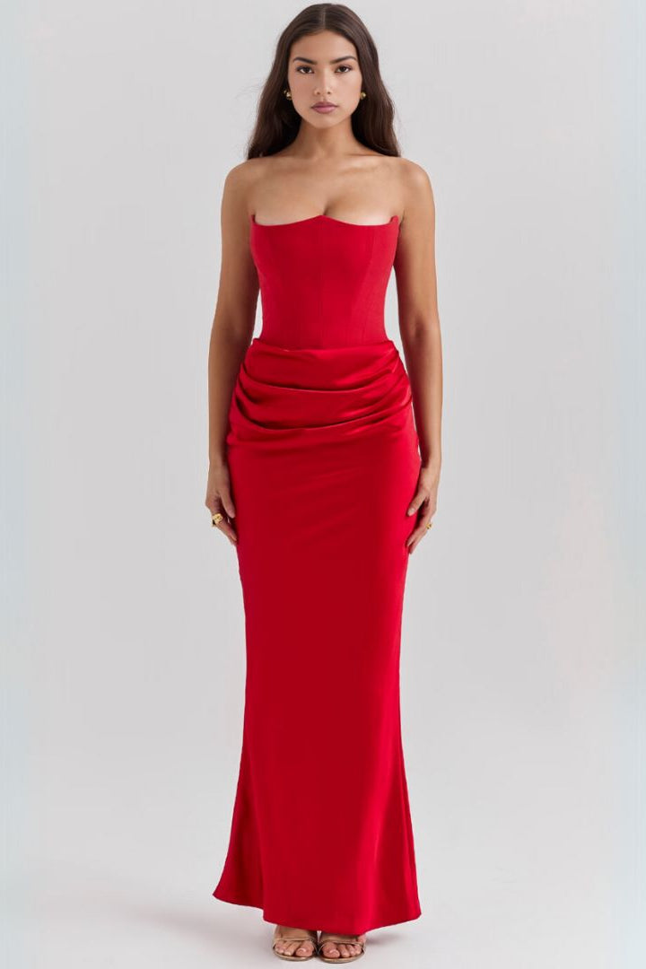 Strapless Evening Gown with Draped Waist Detail and Full-Length Silhouette for Formal Occasions and Black-Tie Events | Koossa