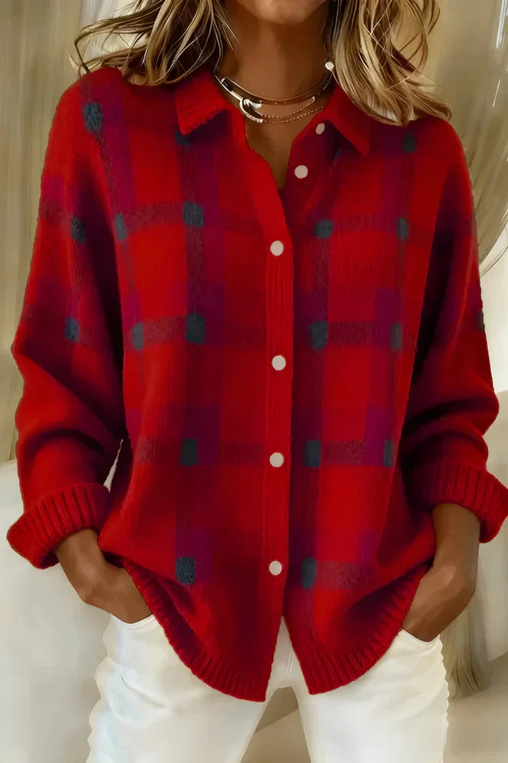 Women's Longline Button-Front Checkered Cardigan in Soft Knit | Relaxed Fit Layering Piece for Cool Days and Casual Elegance | Koossa