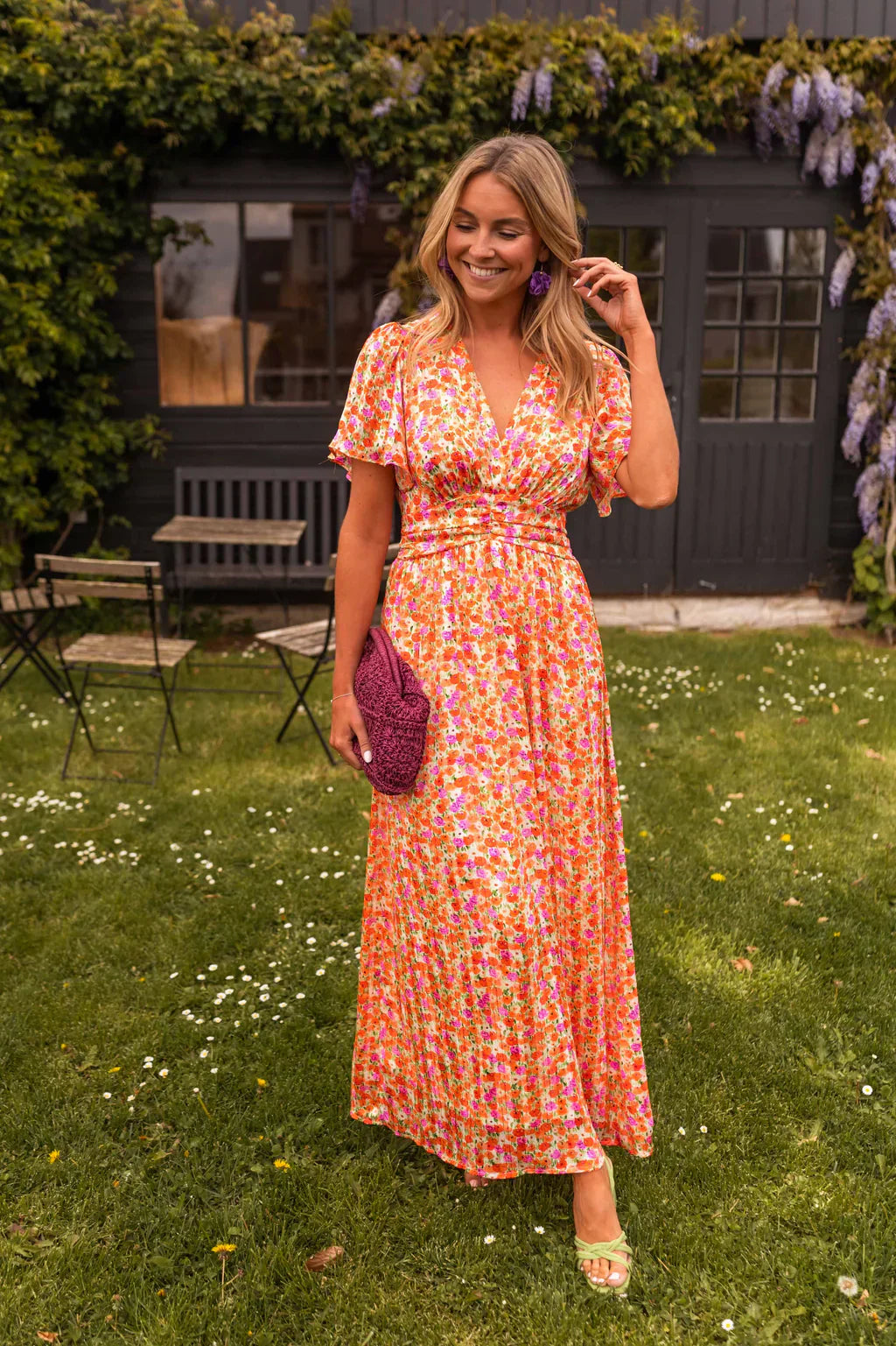 Women's Floral Print Short Sleeve Midi Dress with V-Neckline — Elegant Summer Dress for Garden Parties & Holidays | Koossa