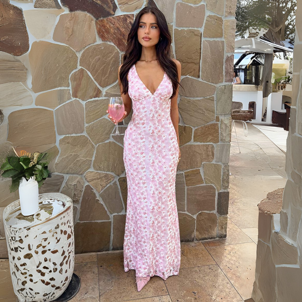 Women's Flowing Maxi Dress in Pink for Wedding Guests and Elegant Occasions | Koossa