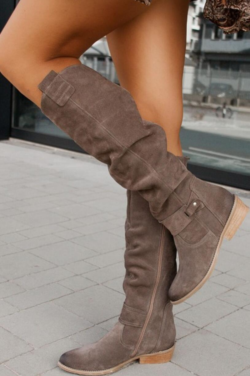 Women's Knee-High Boots with Ruched Shaft and Low Block Heel in Soft Suede-Effect Fabric | Classic Tall Boots with Side Zip and Comfortable Walking Heel for Autumn and Winter | Koossa