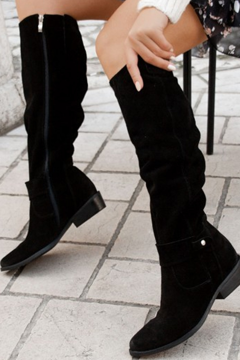 Women's Knee-High Boots with Ruched Shaft and Low Block Heel in Soft Suede-Effect Fabric | Classic Tall Boots with Side Zip and Comfortable Walking Heel for Autumn and Winter | Koossa