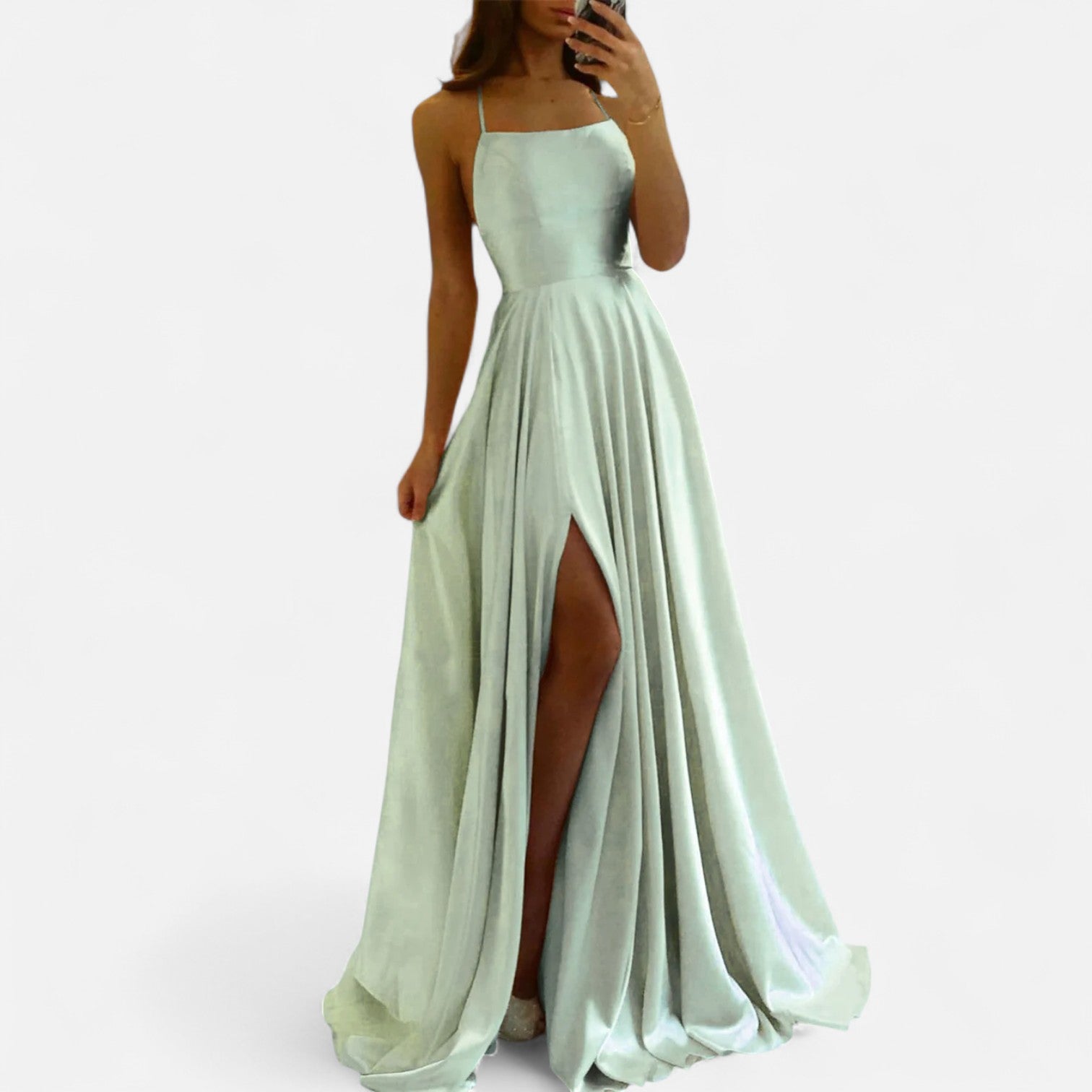 Women's Slim-Strap Maxi Dress with Side Slit for Wedding Guests | Elegant Floor-Length Gown in Navy Black Pink Burgundy Sage | Spring Summer Evening Wear | Koossa