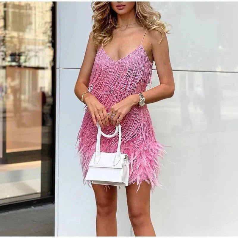 Sequinned Mini Dress with Feather Hem and Fringe Detail | Koossa