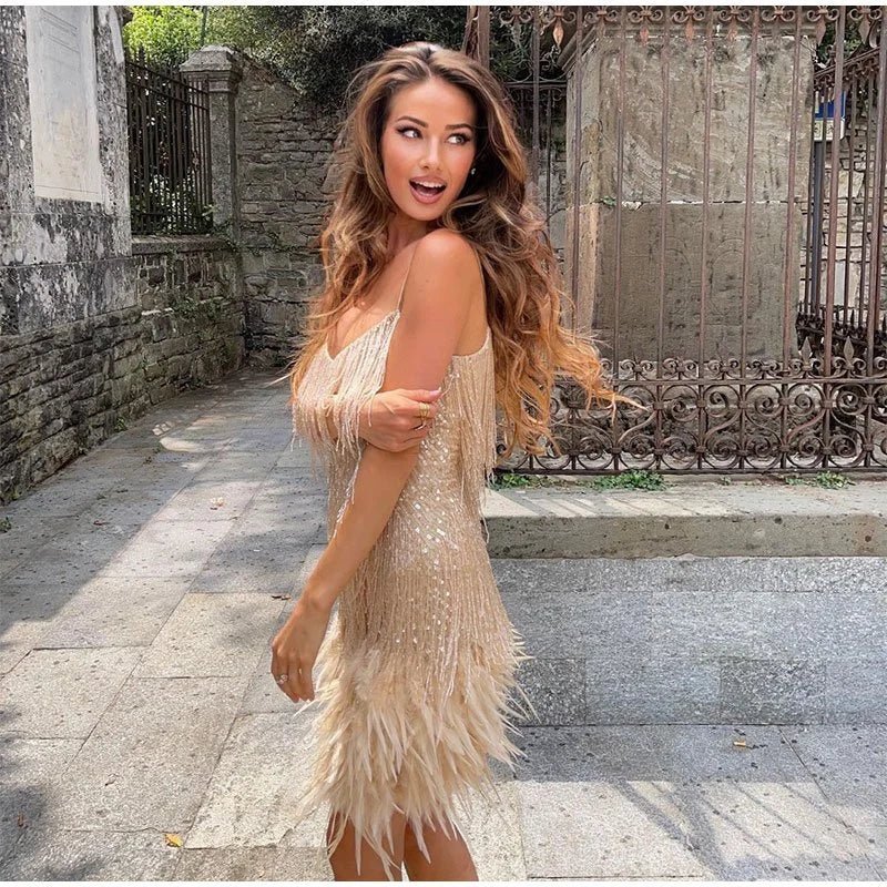 Sequinned Mini Dress with Feather Hem and Fringe Detail | Koossa