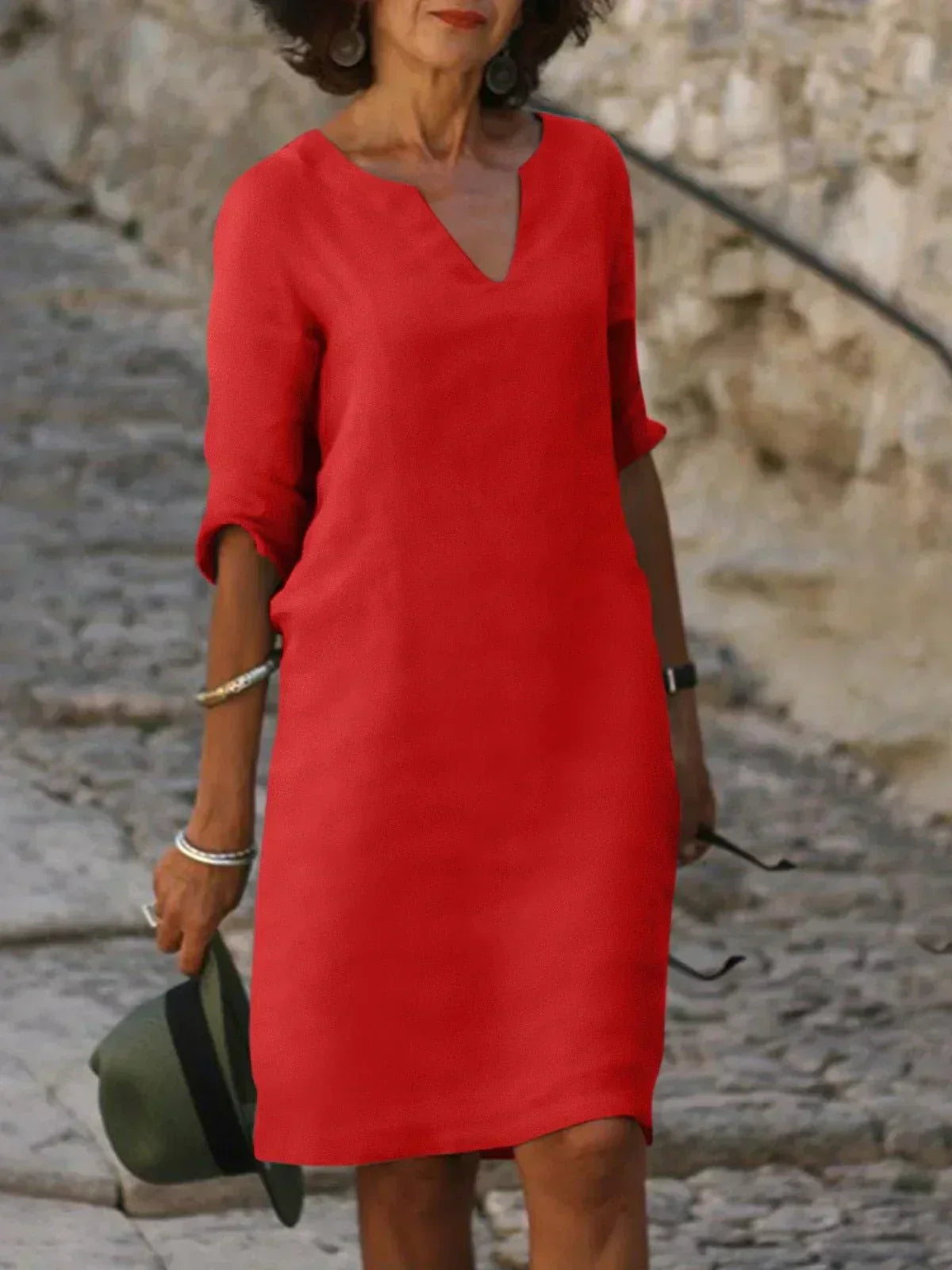Women's Layered Chiffon Midi Dress with V-Neckline in Black, Olive and Red – Elegant Mid-Sleeve A-Line Dress for Casual and Formal Occasions | Koossa