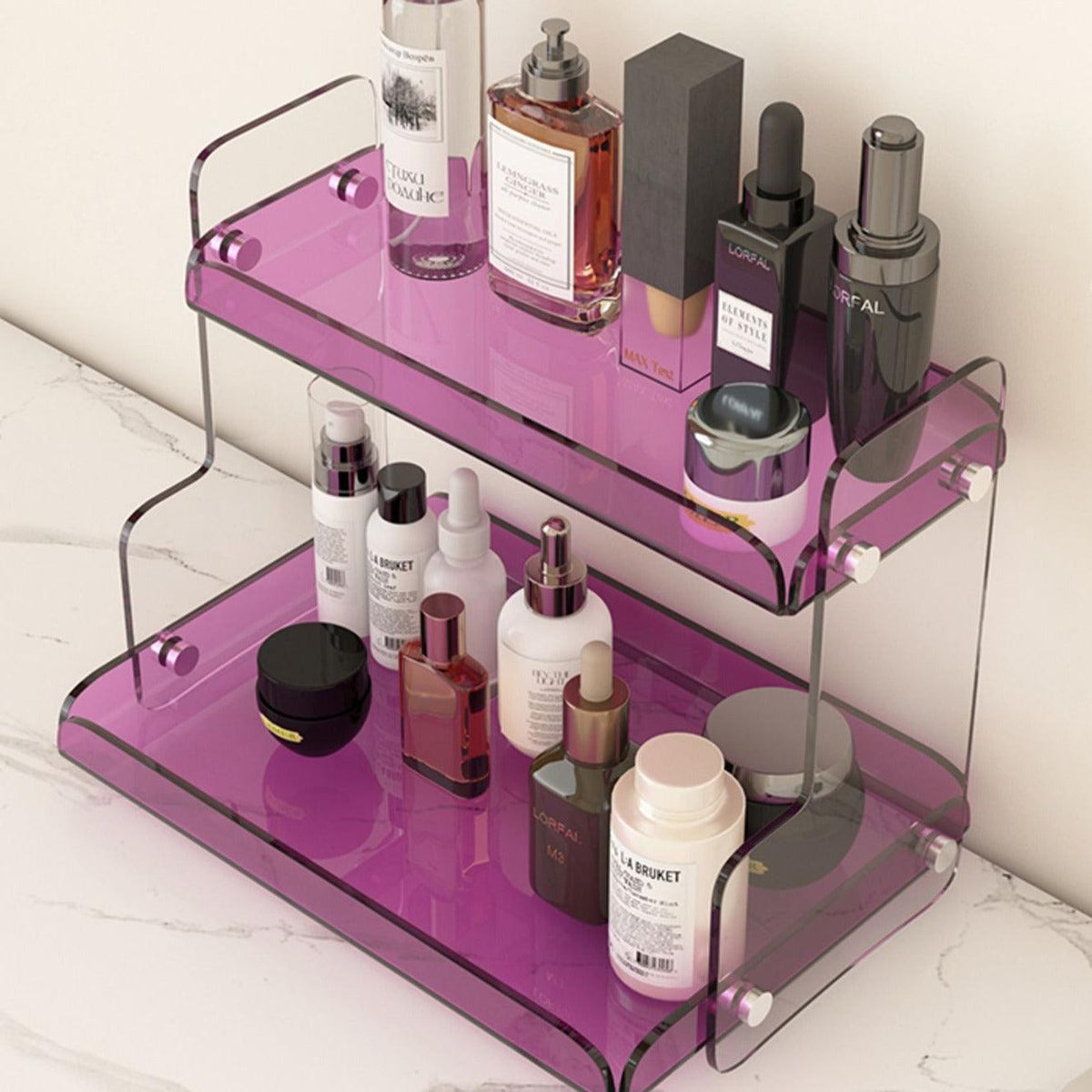 Acrylic Two-Tier Vanity Organizer, 12.6 in Wide Bathroom Countertop Makeup & Skincare Storage Stand, Tinted Cosmetic Shelf Rack | Lonoma
