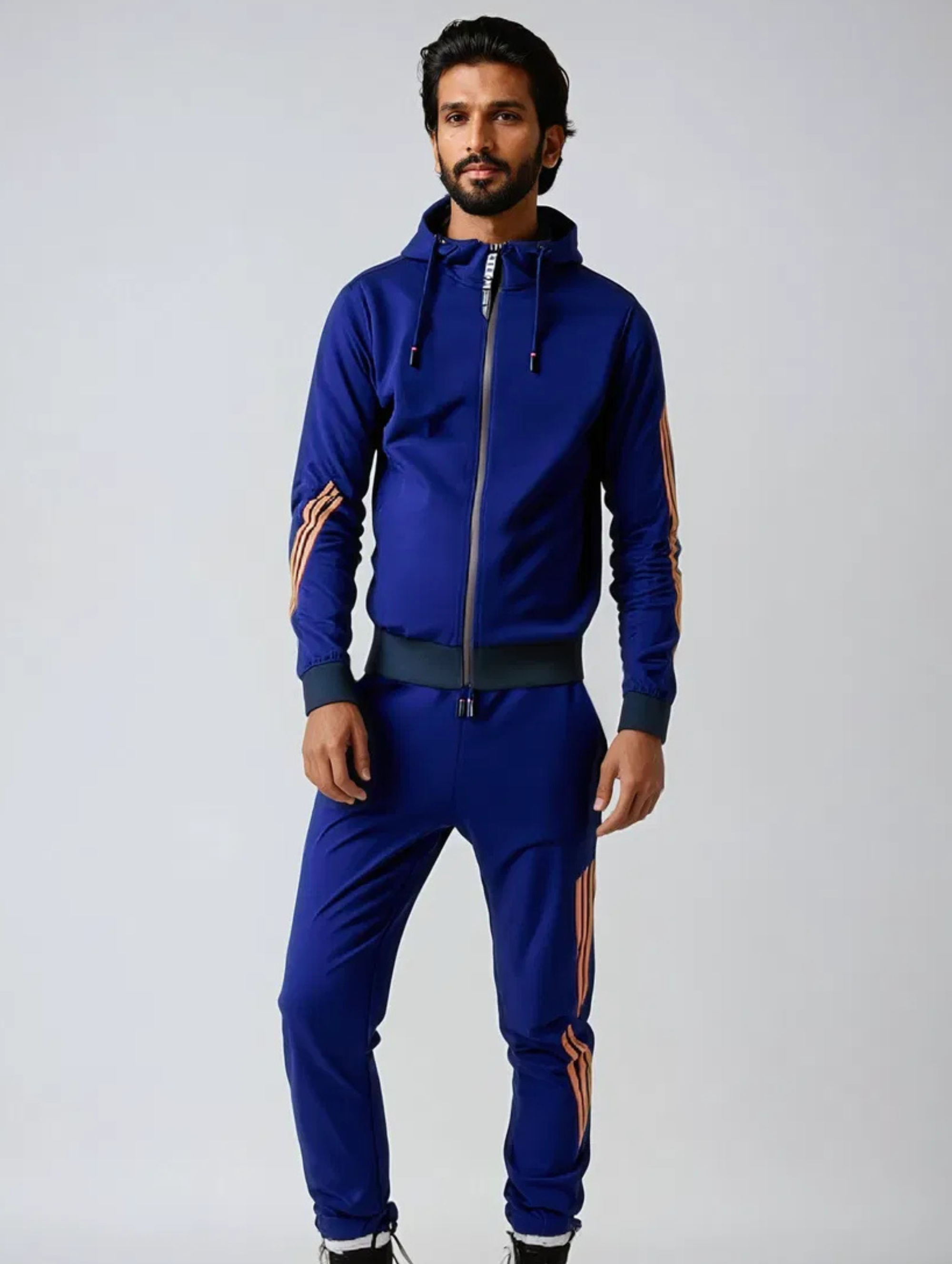 Men's Zip-Up Tracksuit Set in Cotton Blend with Striped Detail | Koossa