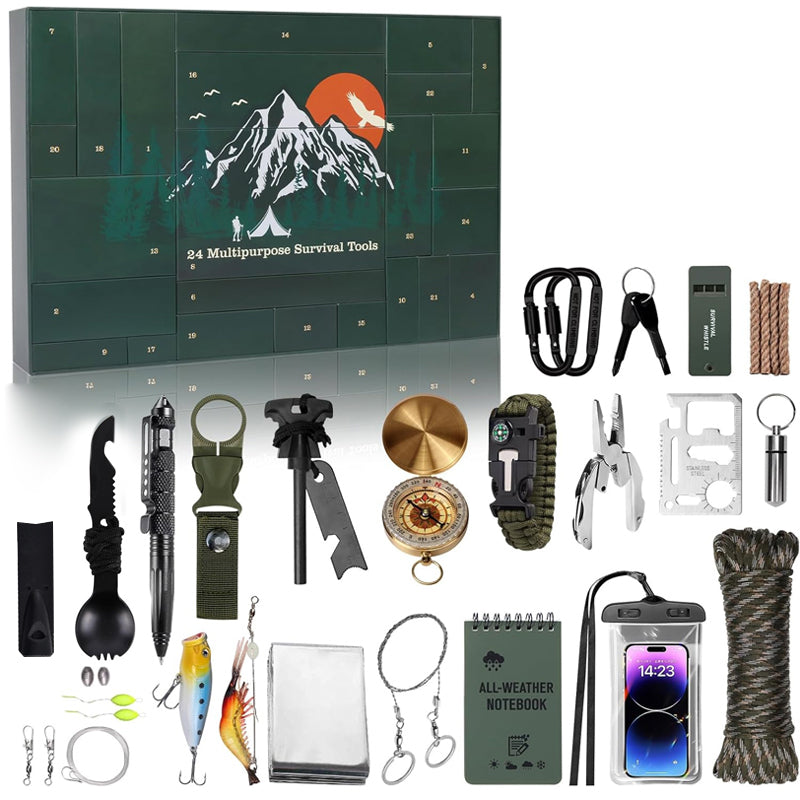 Outdoor Survival Gear Advent Calendar for Men, 24 Camping Tools for Hiking, Backpacking & Wilderness Adventures, Holiday Countdown Gift | Lonoma