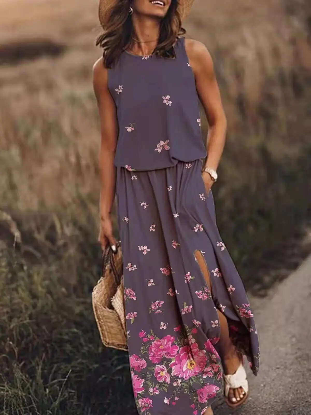 Women's Sleeveless Maxi Dress with Gathered Waist in Flowing Lightweight Fabric for Summer Garden Parties and Weekend Escapes | Koossa