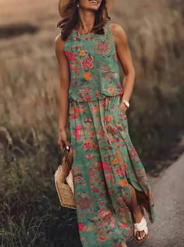 Women's Sleeveless Maxi Dress with Gathered Waist in Flowing Lightweight Fabric for Summer Garden Parties and Weekend Escapes | Koossa