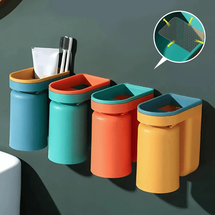 Wall-Mounted Toothbrush Holder with Cup, Adhesive Drill-Free Bathroom Organizer, Toothpaste Caddy for Sink, Mirror & Tile | Lonoma