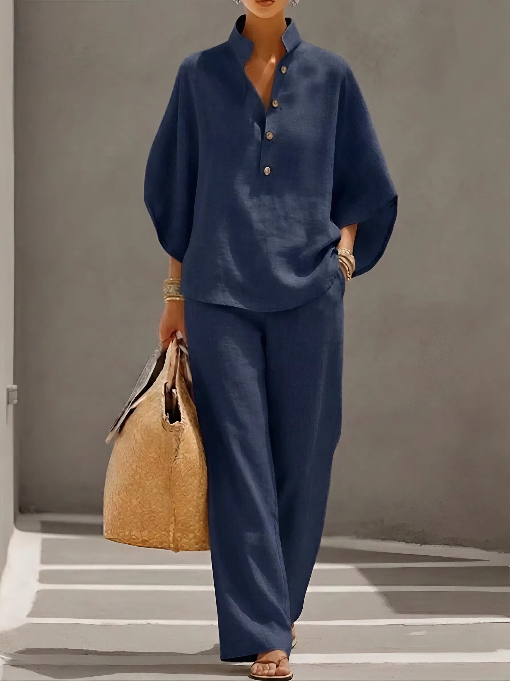 Women's Wide Leg Collar Two-Piece Trouser Set in Sand, Navy, Black & More | Koossa