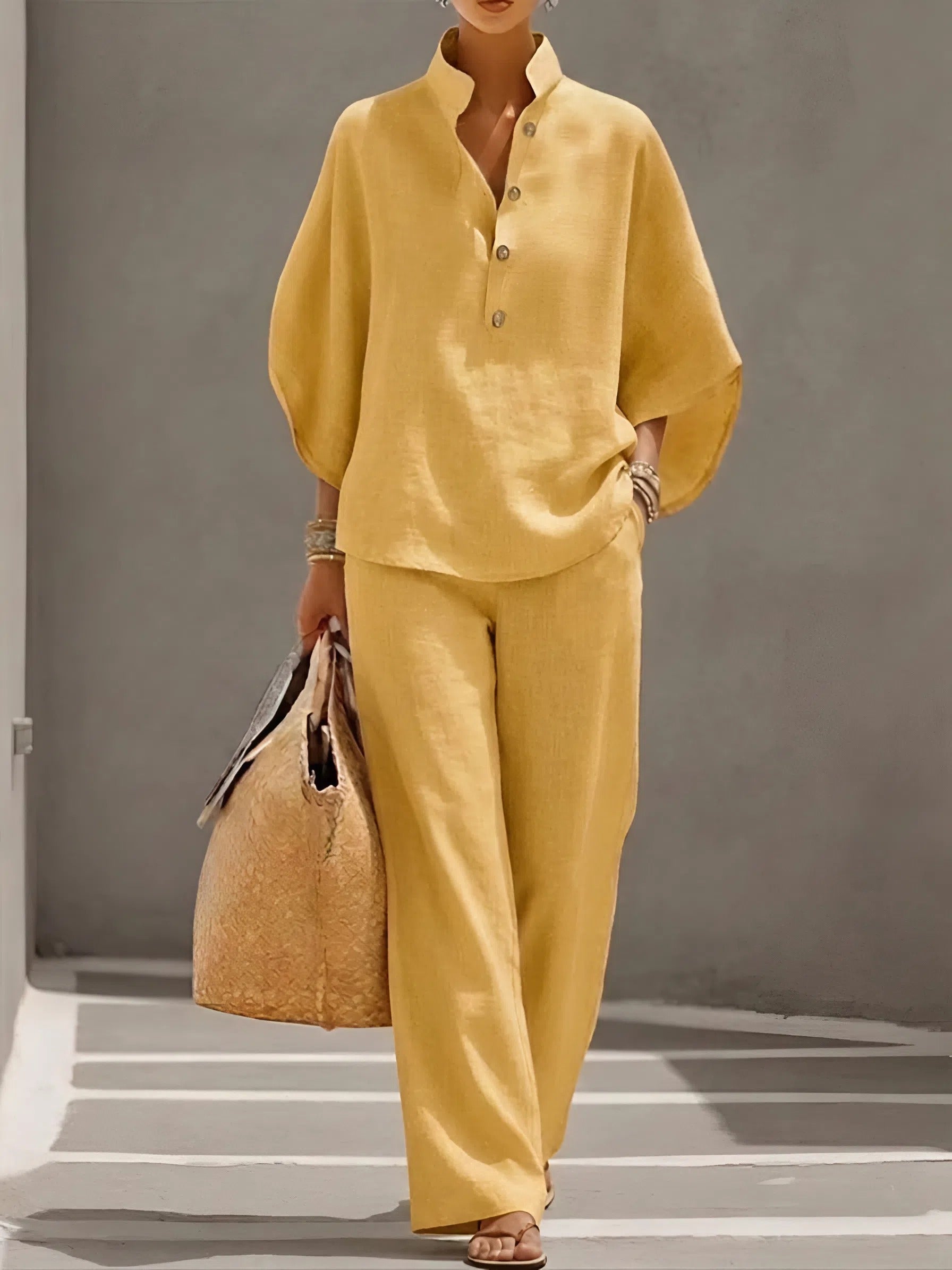 Women's Wide Leg Collar Two-Piece Trouser Set in Sand, Navy, Black & More | Koossa