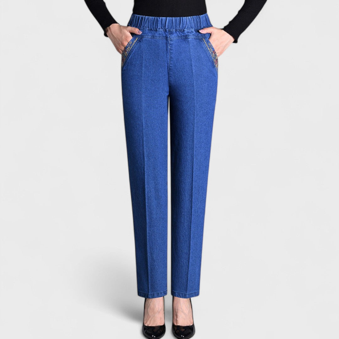 Women's Stretch Jeans with Elasticated Waist and Side Pockets in Light Blue, Black, and Dark Blue — Comfortable, Flattering Everyday Trousers for Autumn and Winter | Koossa