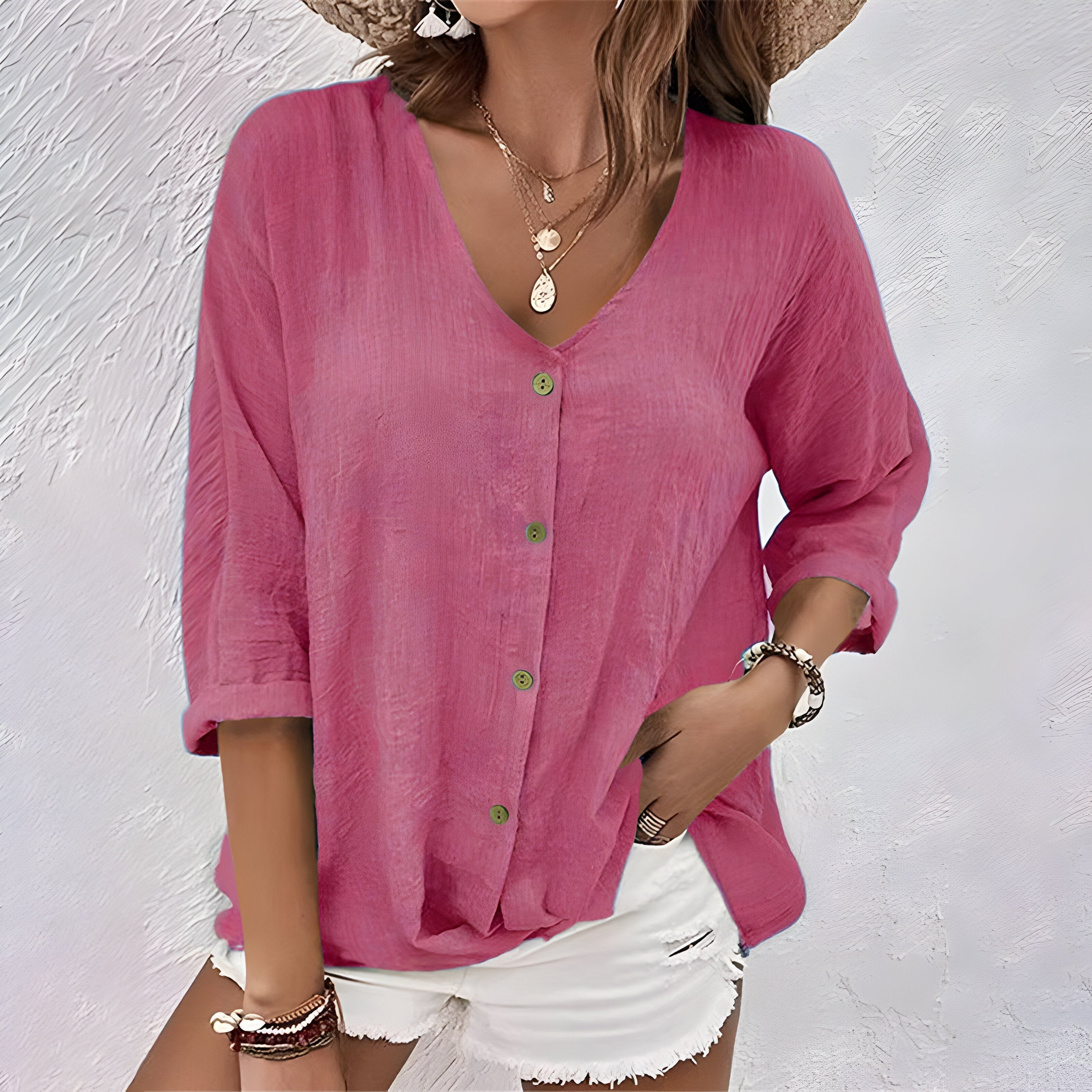Women's Relaxed Button-Up Blouse with Roll Sleeves and V-Neckline | Koossa