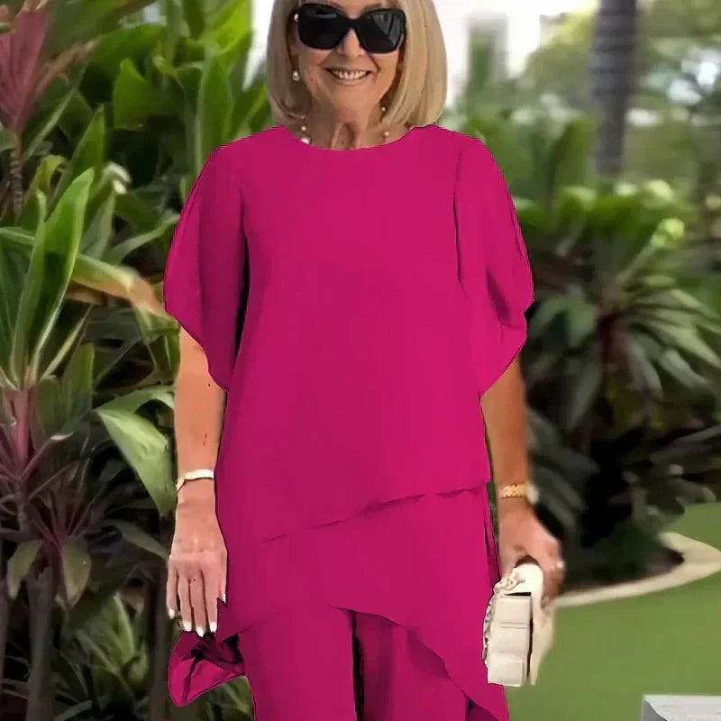 Women's Draped Palazzo Trousers with Coordinating Top in Flowing Fabric for Smart Daywear and Evening Occasions | Koossa