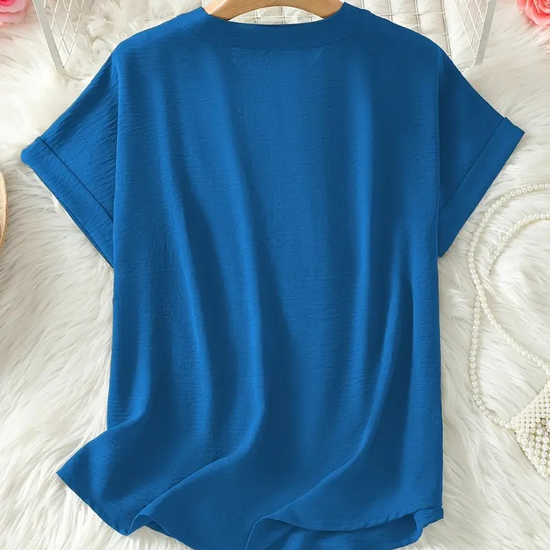 Women's V-Neck Blouse with Mid-Length Sleeves in Navy Blue, Green, Black, Light Blue and Grey – Elegant Relaxed Fit Top for Everyday Versatility and Semi-Formal Occasions | Koossa