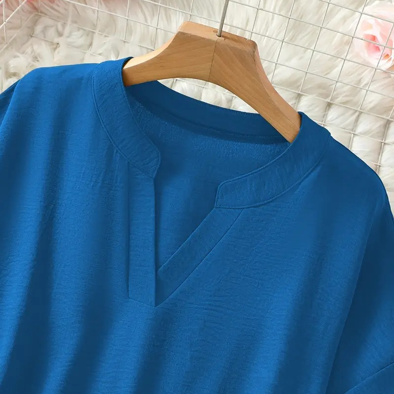 Women's V-Neck Blouse with Mid-Length Sleeves in Navy Blue, Green, Black, Light Blue and Grey – Elegant Relaxed Fit Top for Everyday Versatility and Semi-Formal Occasions | Koossa