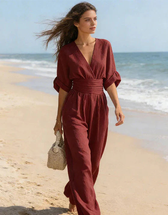 Women's Wrap-Front Wide-Leg Jumpsuit in Flowing Soft Fabric – Occasion Wear, Evening, Celebrations, Spring Summer Elegant One-Piece with Pockets | Koossa