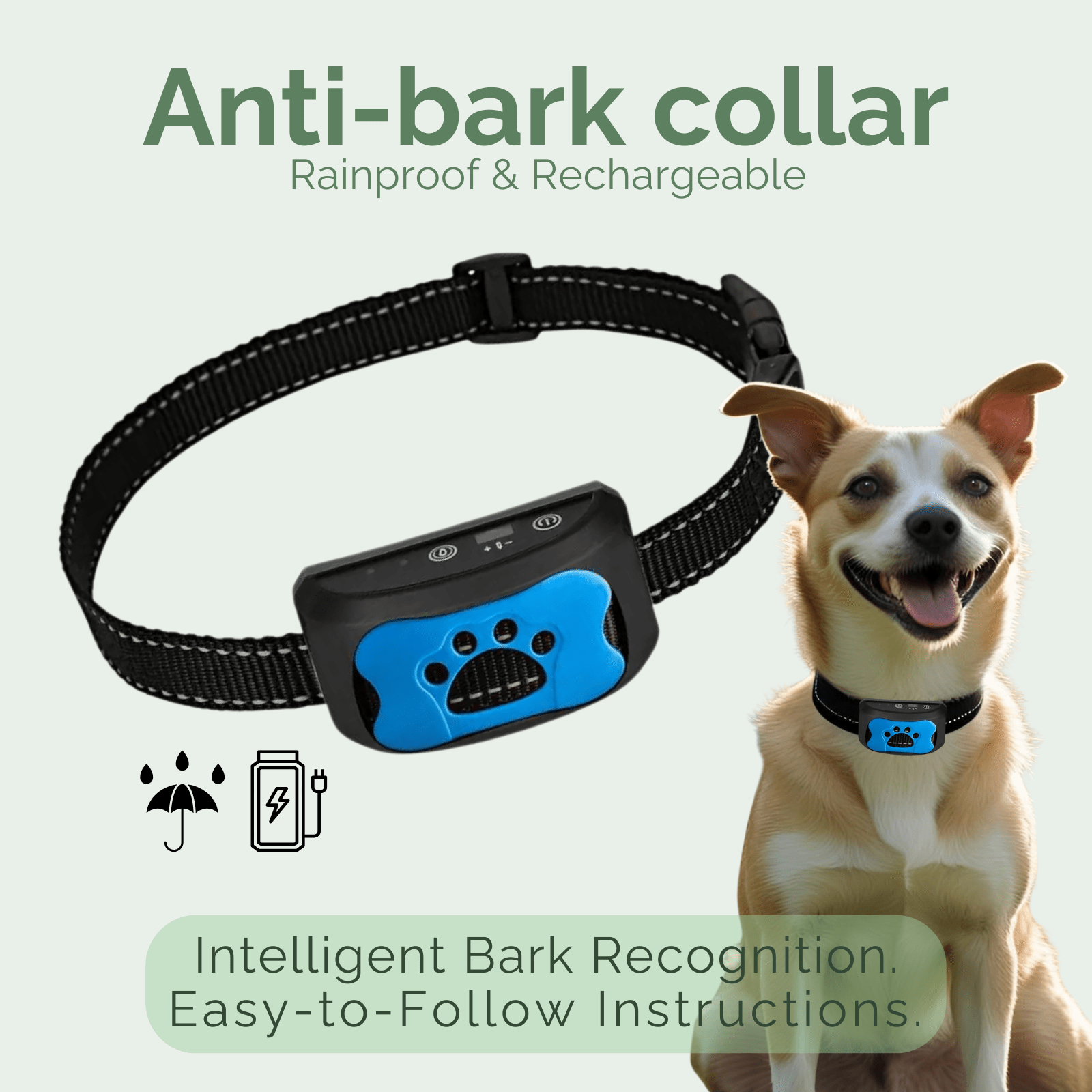 Dog Bark Collar Beep Vibration Rechargeable USB Adjustable 4.7–22 in 7 Sensitivity Levels Anti-Bark Training | Koossa