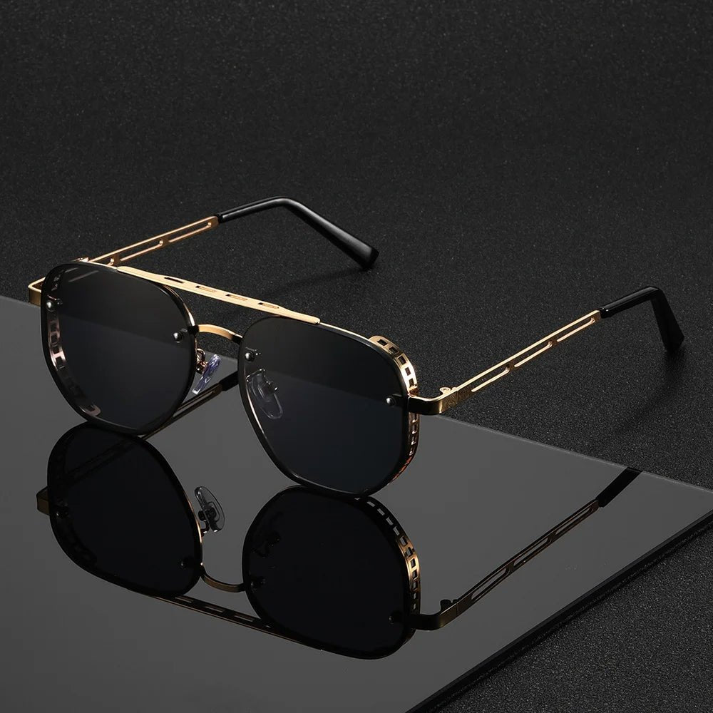 Gold-Tone Aviator Sunglasses with Double-Beam Design and UV400 Protection in Black, Blue, Brown, Green | Koossa