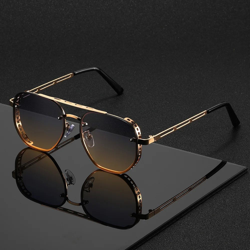 Gold-Tone Aviator Sunglasses with Double-Beam Design and UV400 Protection in Black, Blue, Brown, Green | Koossa