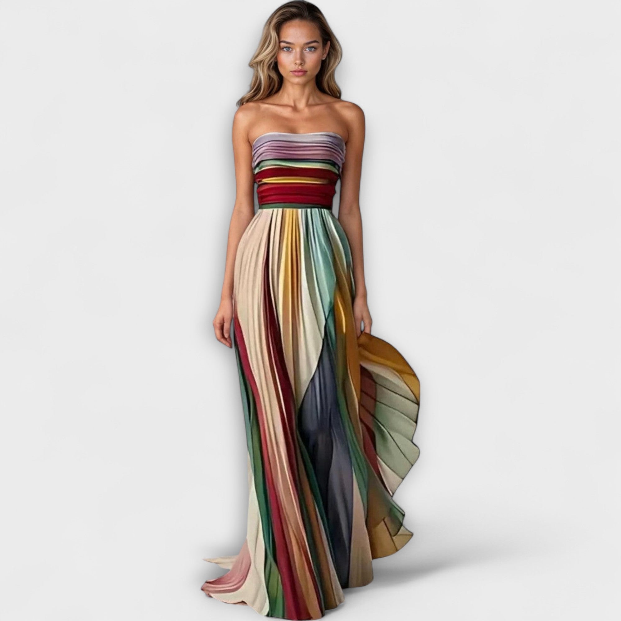 Women's Strapless Rainbow Pleated Dress | Flowing Summer Maxi with Fitted Bodice | Koossa