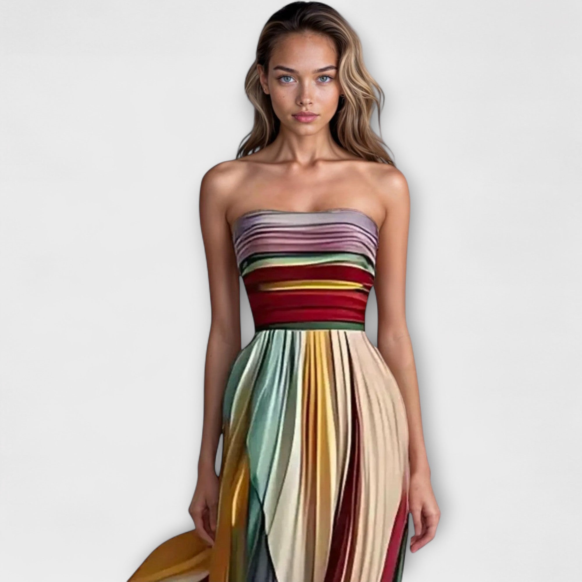 Women's Strapless Rainbow Pleated Dress | Flowing Summer Maxi with Fitted Bodice | Koossa