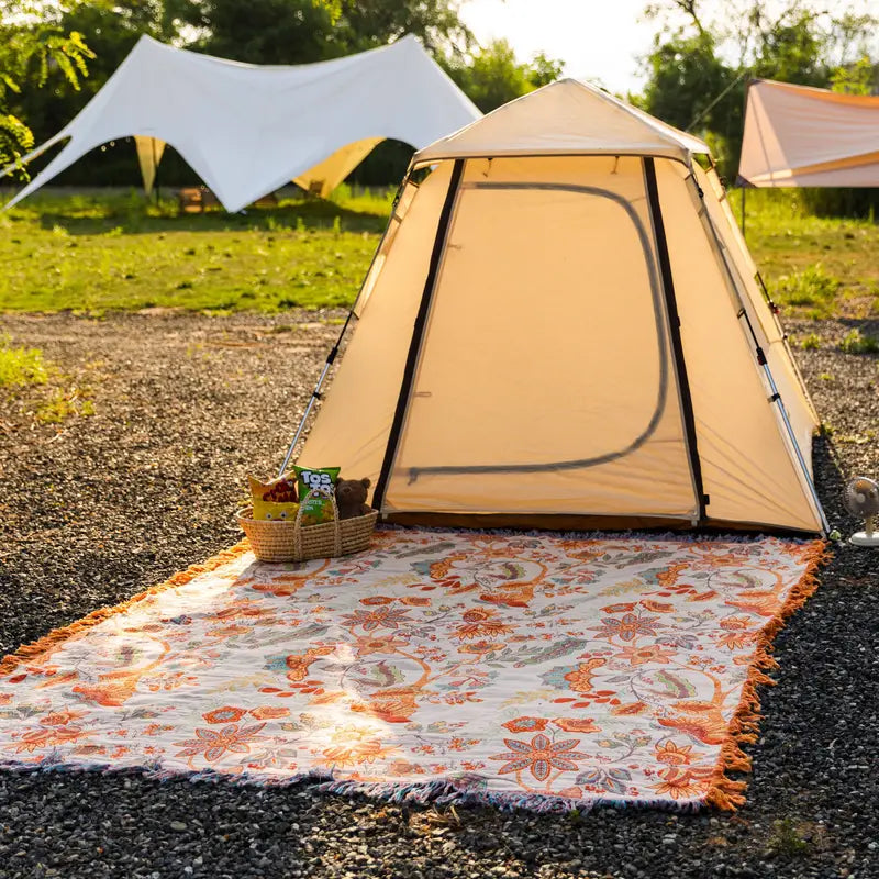 Plaid en Coton à Motifs Floraux Bohème – Crème, Orange et Bleu avec Franges – Pour Canapé, Lit et Fauteuil | Koossa
