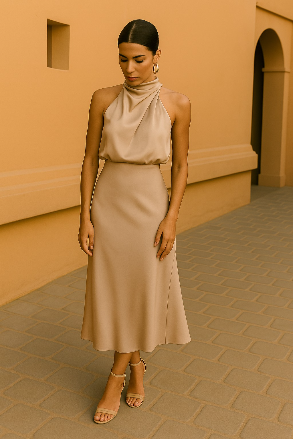 Women's Draped Satin Evening Dress with Open Back — Elegant Midi Dress for Summer Weddings & Special Occasions | Koossa