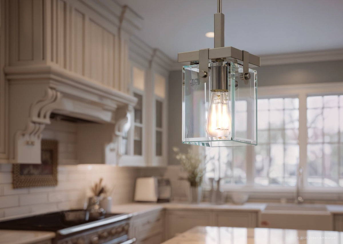 Brushed Nickel Pendant Light, 12 in Steel & Beveled Glass Adjustable Hanging Fixture for Kitchen Island, Dining Room, Hallway & Loft | Lonoma