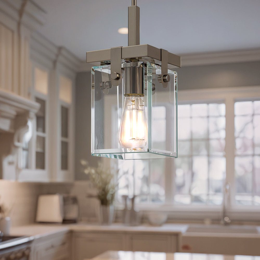 Brushed Nickel Pendant Light, 12 in Steel & Beveled Glass Adjustable Hanging Fixture for Kitchen Island, Dining Room, Hallway & Loft | Lonoma