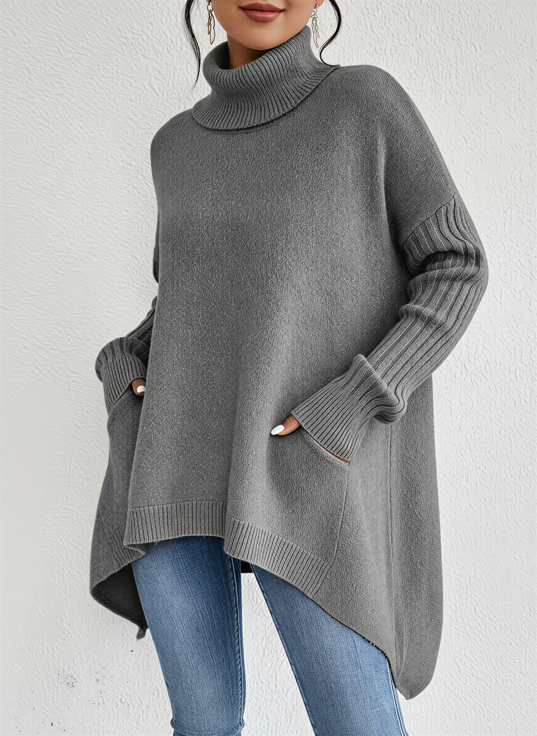 Women's Turtleneck Jumper with Pockets in Relaxed Oversized Fit for Casual Spring and Autumn Days | Koossa