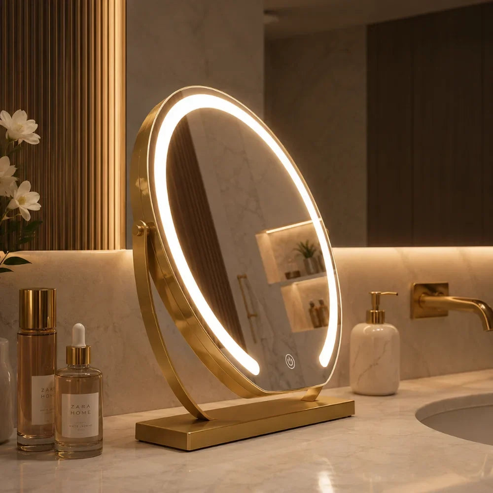 LED Lighted Makeup Mirror with 15x Magnifier, Touch Dimming, 3 Light Modes, Gold Black White Desktop Vanity, Rotating Frame | Lonoma