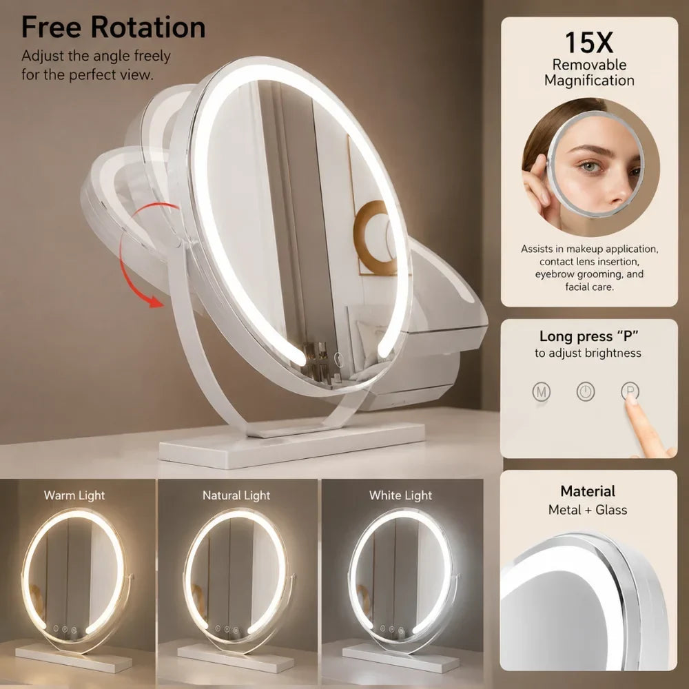 LED Lighted Makeup Mirror with 15x Magnifier, Touch Dimming, 3 Light Modes, Gold Black White Desktop Vanity, Rotating Frame | Lonoma