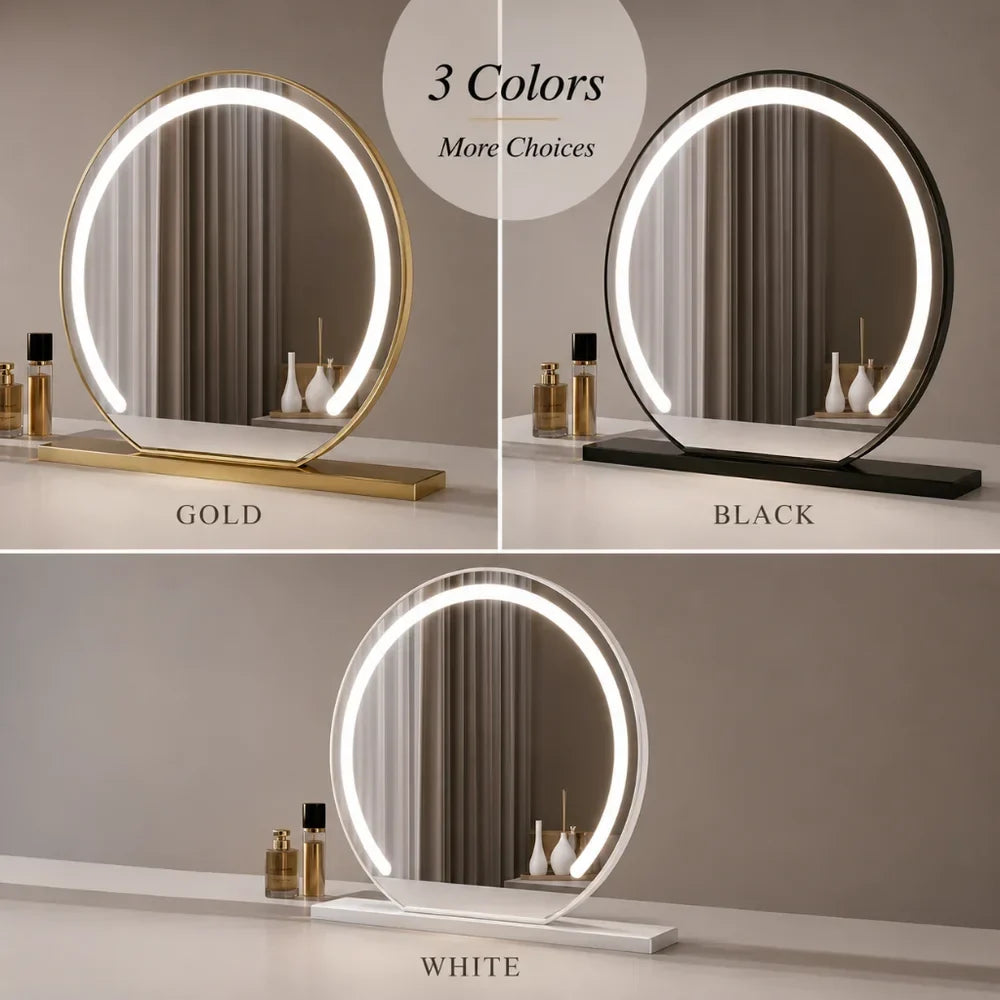 LED Lighted Makeup Mirror with 15x Magnifier, Touch Dimming, 3 Light Modes, Gold Black White Desktop Vanity, Rotating Frame | Lonoma